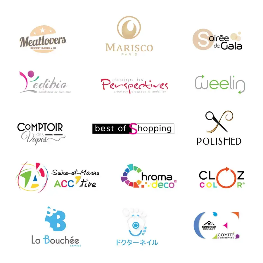 Planche de presentation de logos multi-secteurs créés par KLR conception visuelle