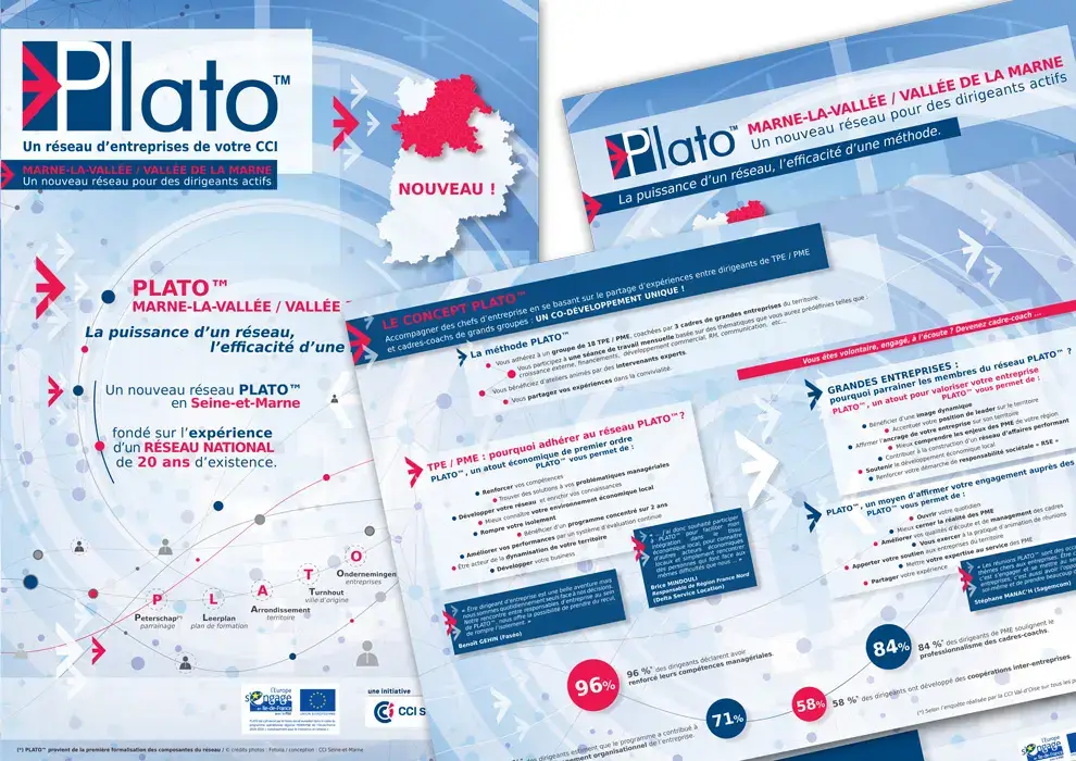 Plaquette commerciale institutionnelle 4 pages format A4 pour PLATO - Réseau de dirigeants d'entreprise par KLR conception visuelle
