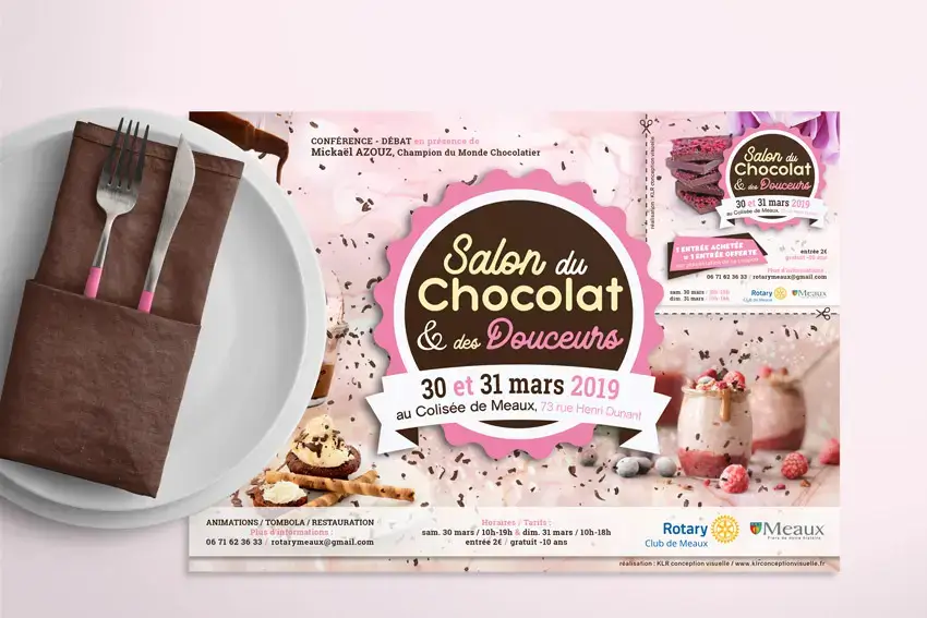 Set de table publicitaire en papier format A3 à destination des restaurants locaux pour la promotion du Salon du Chocolat & des Douceurs